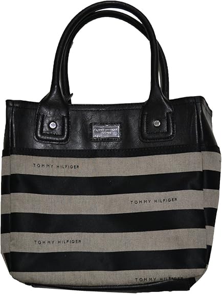 Black and beige striped Tommy Hilfiger handbag.