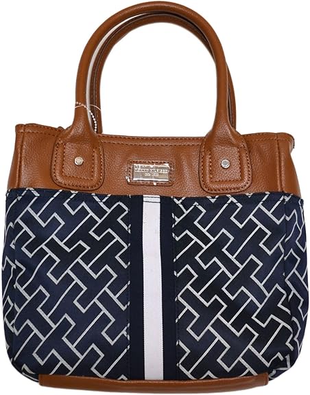 Brown and blue patterned handbag.