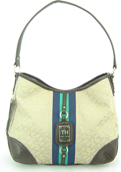 Stylish handbag with blue and green stripes.