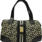 Designer handbag with black leather straps.