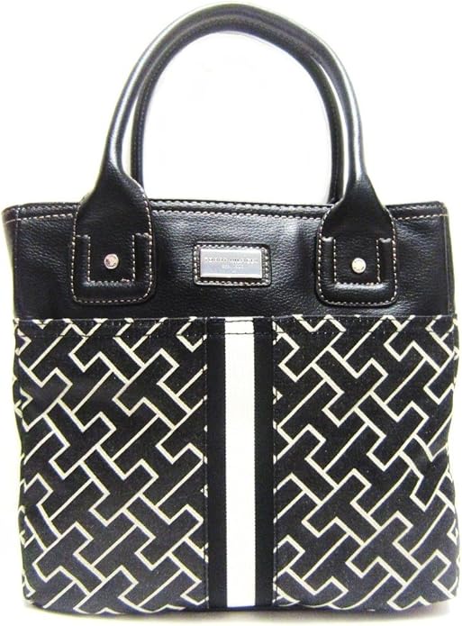 Black and white patterned handbag with handles.