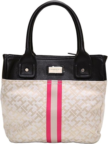 Patterned handbag with black handles and stripes.