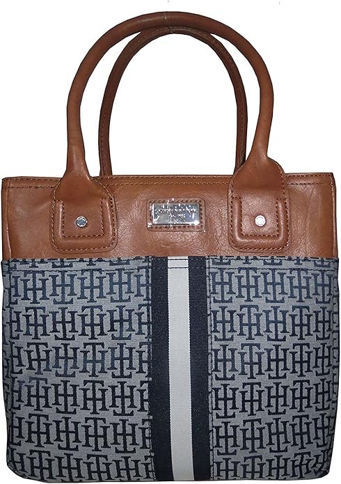 Brown and blue patterned tote bag.