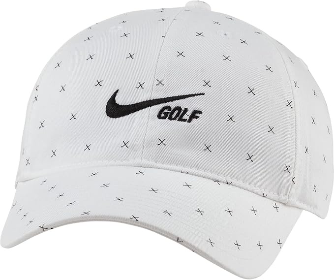 White cap with black logo and pattern.