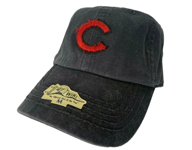Black cap with red letter "C" emblem.