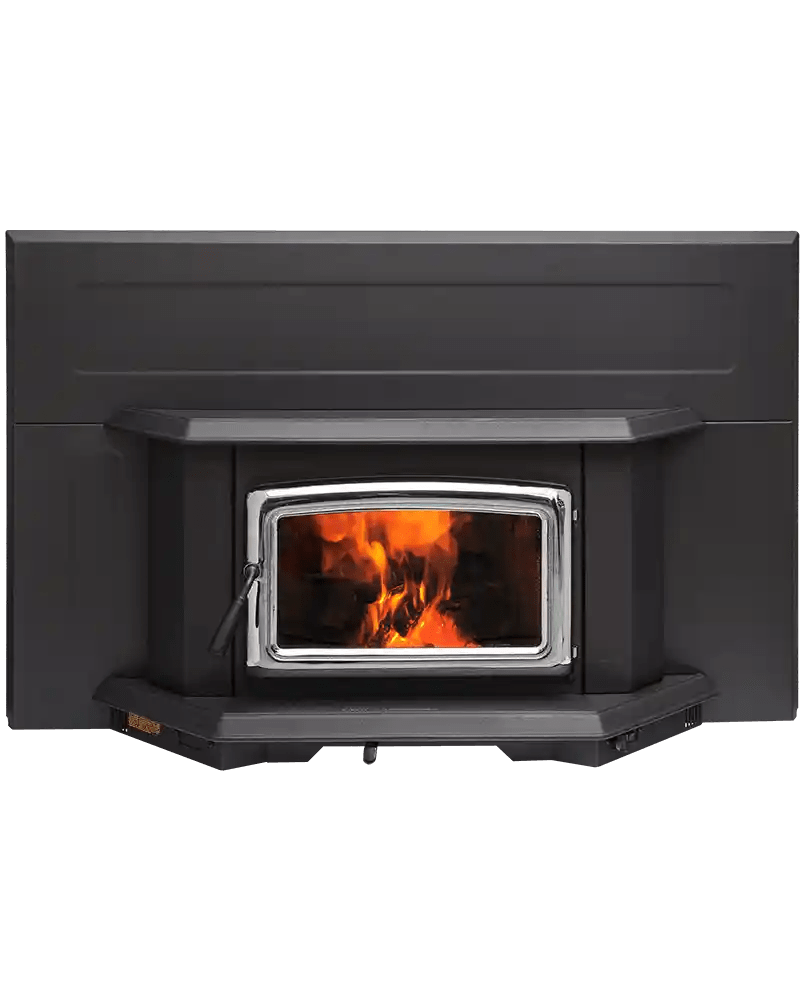Cast-iron stove with glass door and glowing fire inside a dark surrounding mantel
