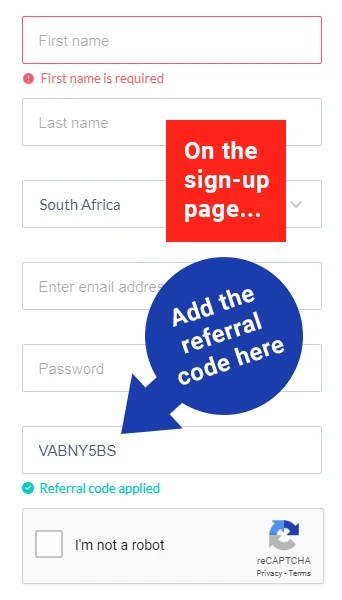 valr code applied to sign up page