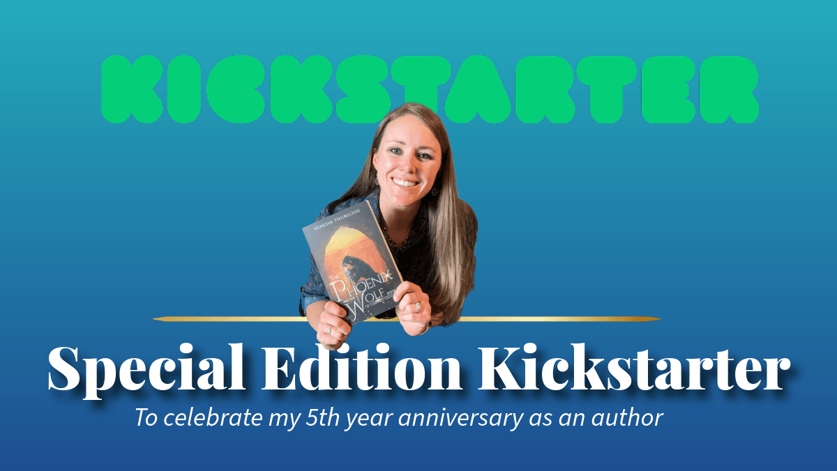 Kickstarter special editions coming soon. Author on cover with kickstarter logo in back, over a blue background.