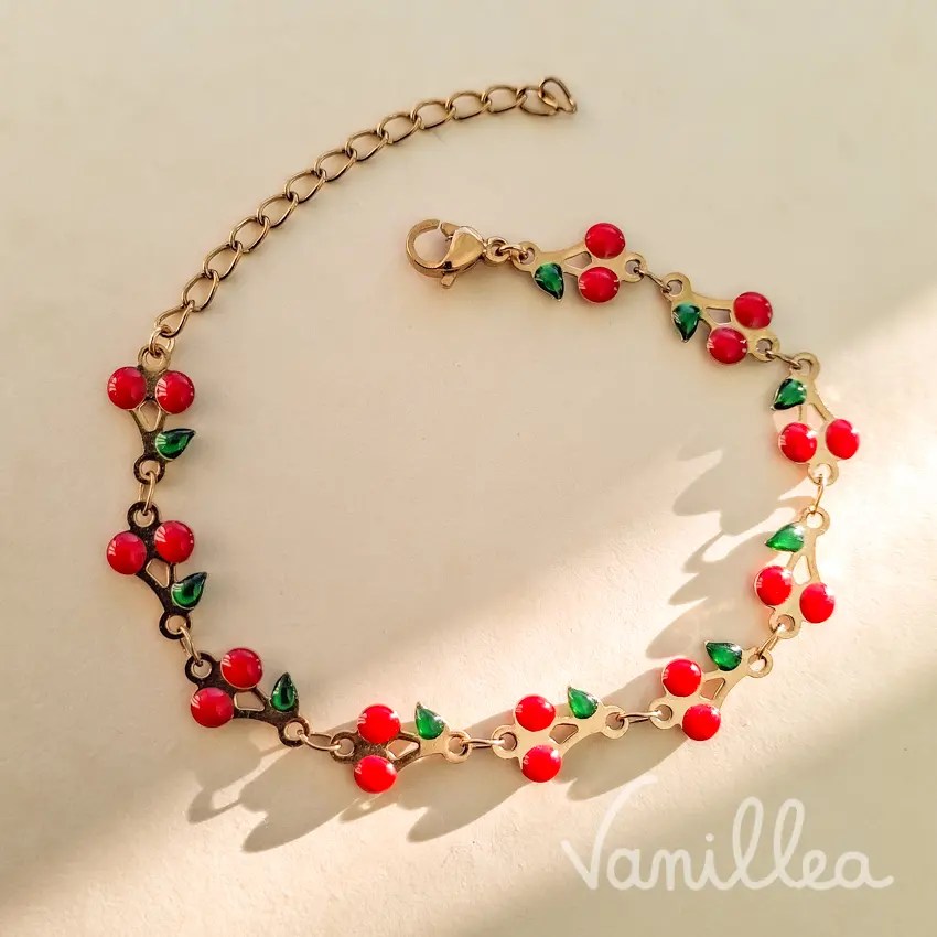 Bracelet cerises rouges doré pour femme
