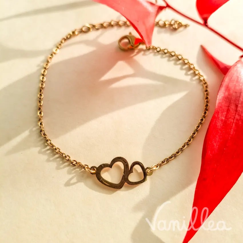 Bracelet double cœur doré en acier inoxydable
