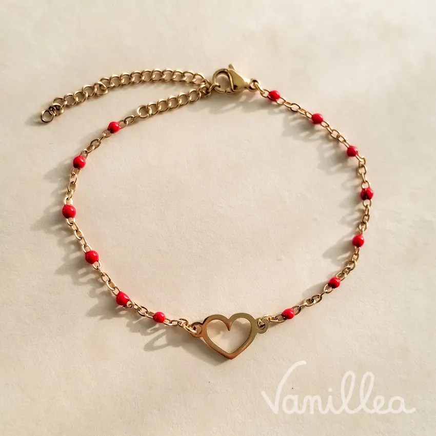 Bracelet coeur doré femme à chaine rouge et or