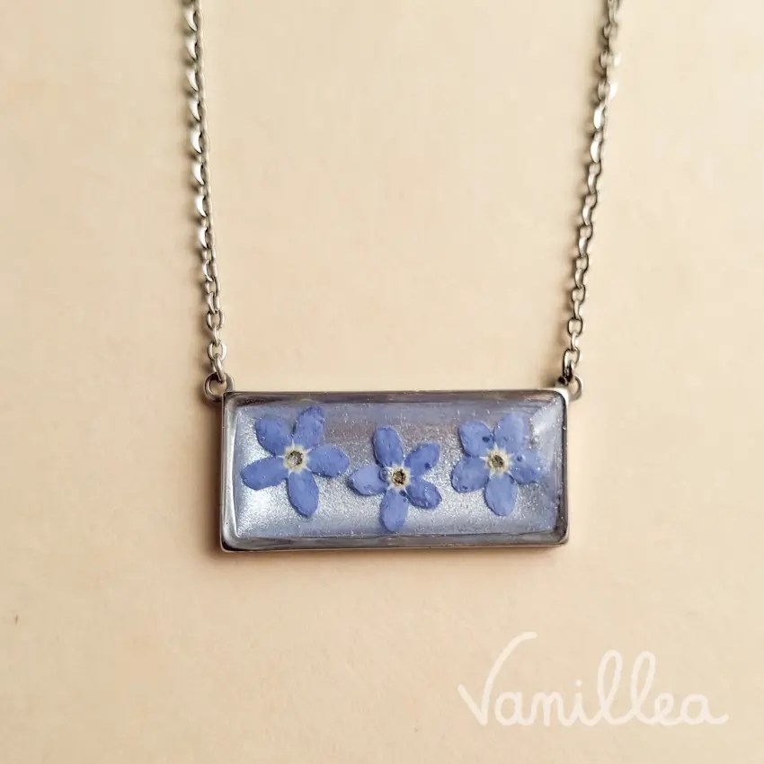Collier myosotis rectangle argenté