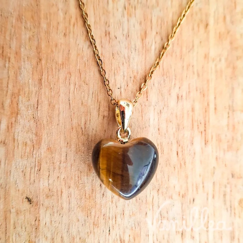 Collier cœur en œil de tigre doré