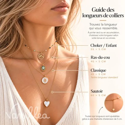 Guide illustré des longueurs de colliers portés sur un modèle : choker 35 + 5 cm, ras-du-cou 40 + 5 cm, classique 45 + 5 cm et sautoir 60 + 5 cm.