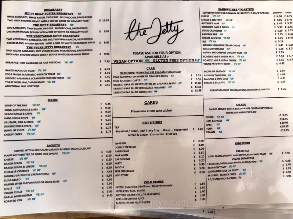 The Jetty cafe menu as of 23rd March 2025
