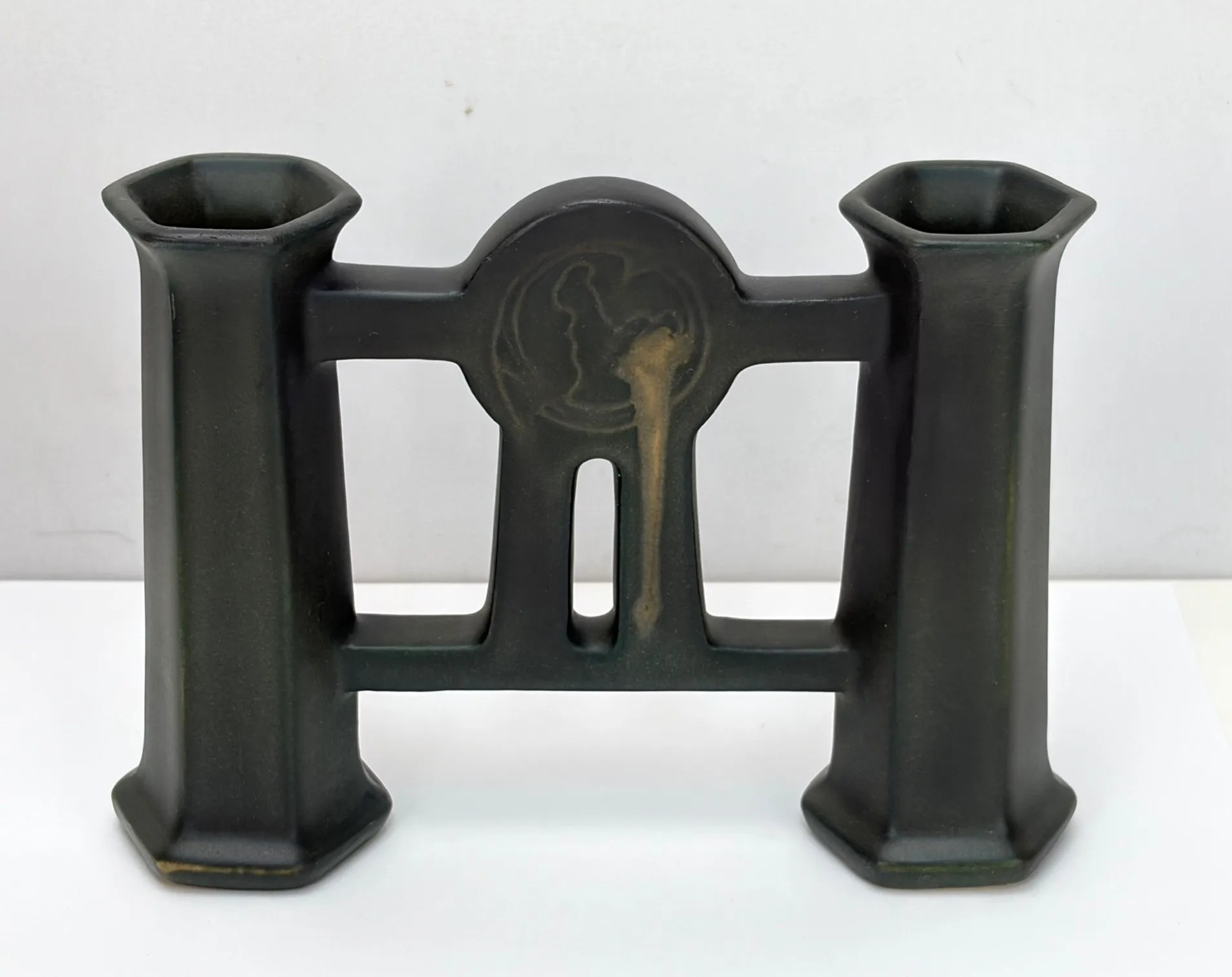 Lot 93:  Rare Roseville Rosecraft Hexagon Double Vase or “Gate Vase”.