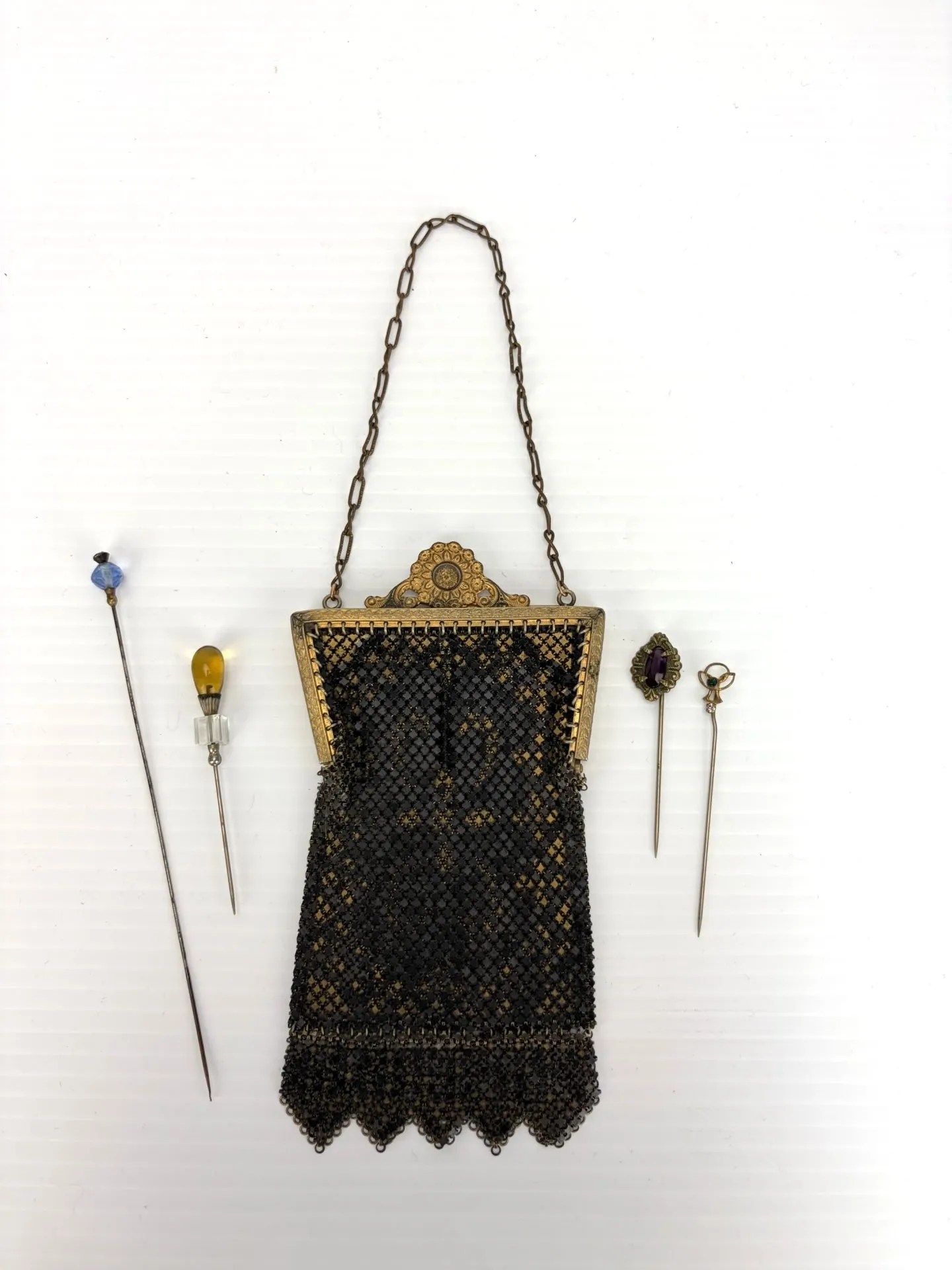 Lot 73:  Victorian Era Mesh Purse & Four Little Stick Pins.