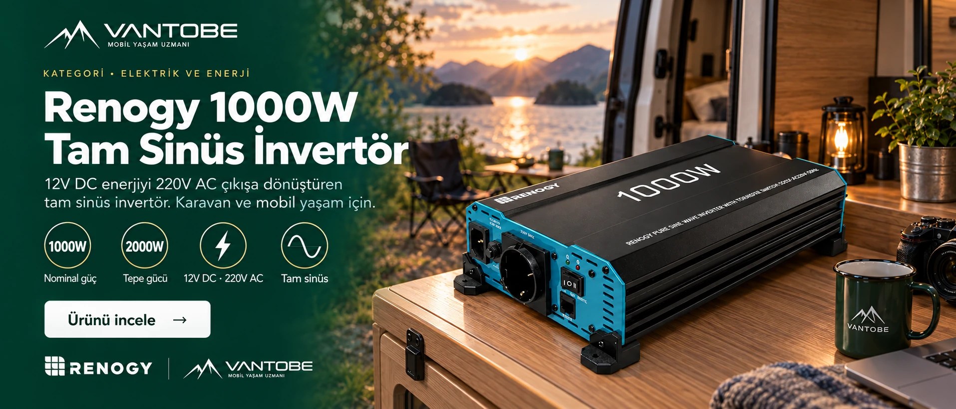 Renogy 1000W tam sinüs 12V invertör. Ürünü incele.