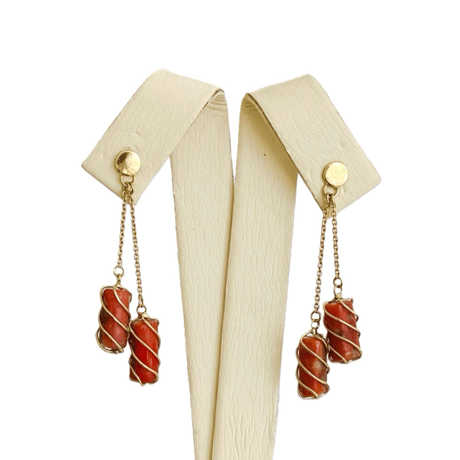 Red Coral Torsadée Drop Earring, 9K Gold, Double