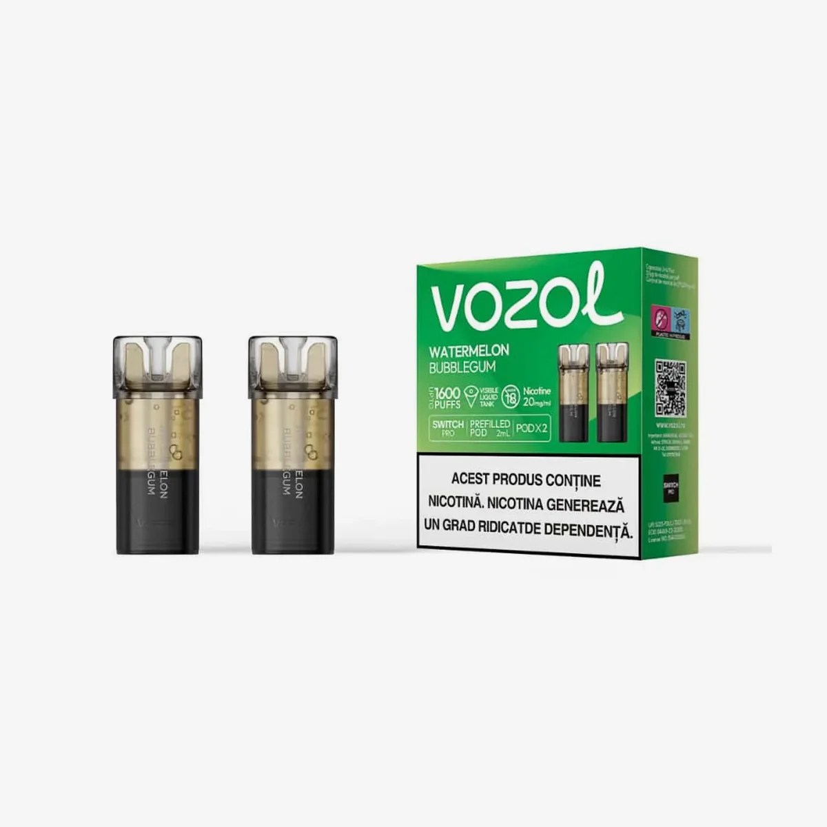 L'image montre deux capsules de rechange pour le VOZOL Switch Pro Pod, disposées à côté de leur emballage. L'emballage est vert et porte l'inscription "Watermelon Bubblegum". Il indique également que chaque pod contient 20 mg de nicotine, avec une capacité de 2 ml et offre environ 1600 bouffées. Un avertissement de santé est visible en bas de l'emballage, soulignant la présence de nicotine et son potentiel de dépendance.