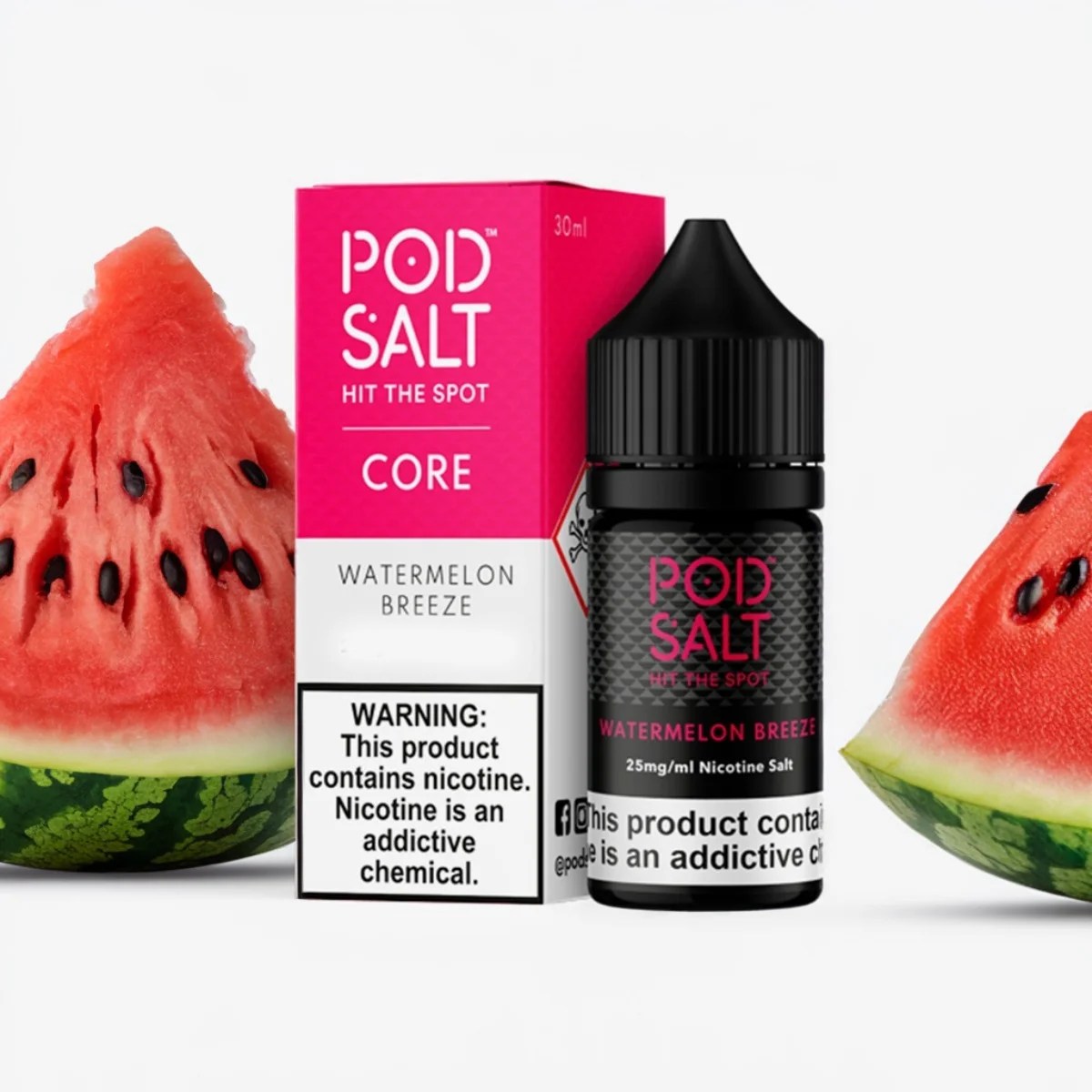 L'image montre un produit de e-liquide de la marque POD SALT. Au centre, une boîte rose et blanche étiquetée "CORE" et "WATERMELON BREEZE" est présentée. À côté, un flacon noir de 30 ml du même e-liquide est visible. Des tranches de pastèque encadrent la boîte et le flacon, illustrant la saveur du produit. Au bas de l'image, une alerte sur la nicotine souligne le caractère addictif du produit.