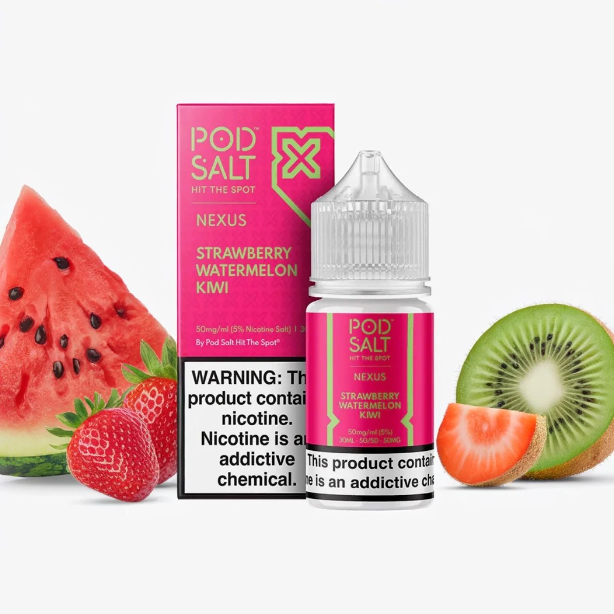 Pod Salt Nexus Strawberry Watermelon Kiwi 30ml, saveurs fruitées intenses. Avertissement de nicotine visible. Design moderne et coloré.