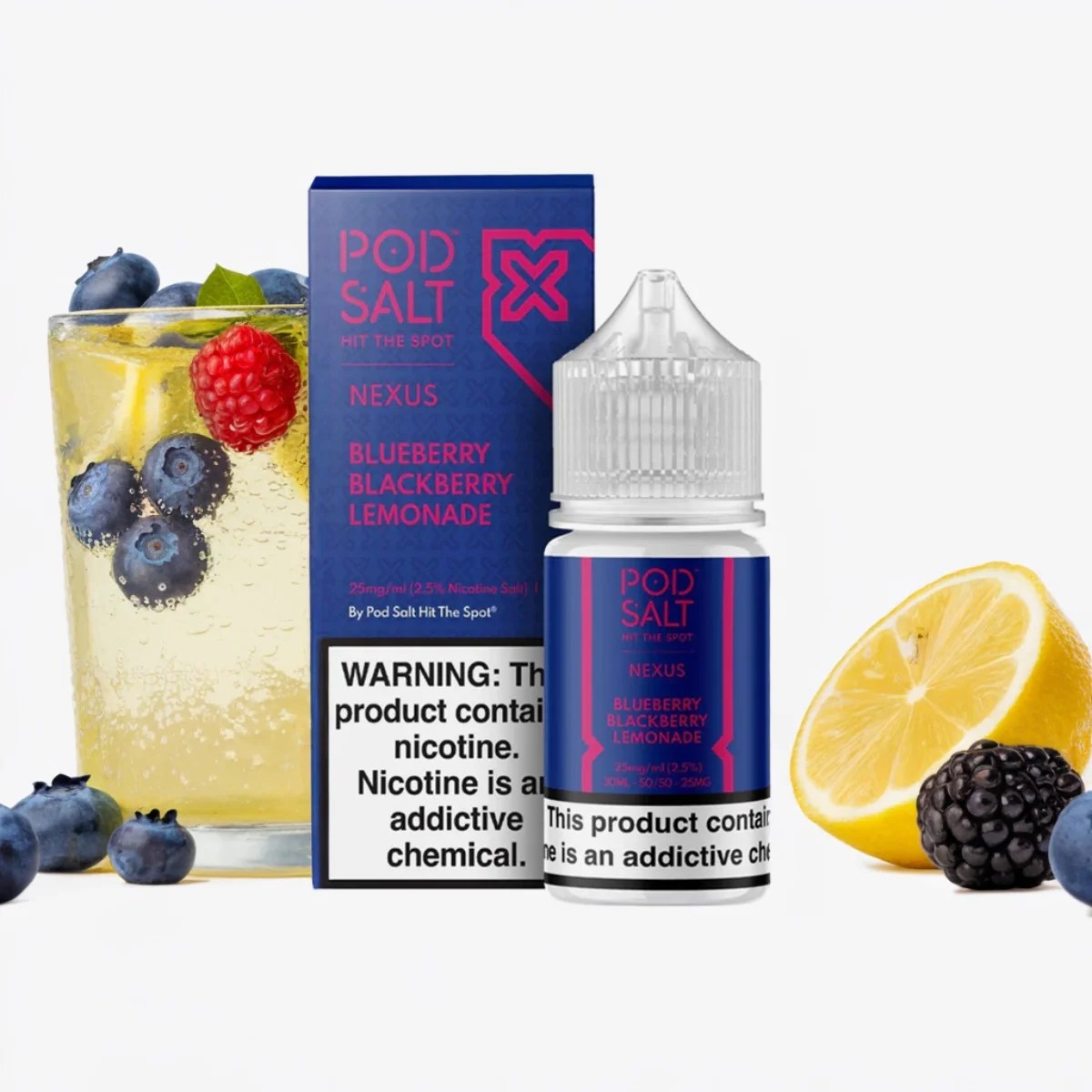 Pod Salt Nexus Blueberry Blackberry Lemonade 30ml : e-liquide frais et fruité, combinant myrtilles, mûres et citron pour une vape rafraîchissante.