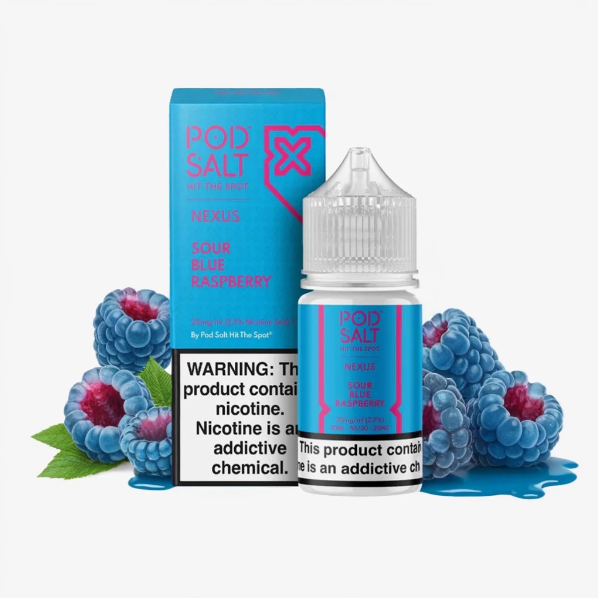 Il s'agit d'une image montrant une bouteille de liquide pour vape POD SALT, saveur "Sour Blue Raspberry" de la gamme NEXUS. L'emballage et l'étiquette de la bouteille sont de couleur bleue, assortis de nuances roses. Autour de la bouteille, des framboises bleues stylisées sont présentes, accentuant le thème de la saveur. Une mention d'avertissement sur la présence de nicotine est clairement visible sur le devant de l'emballage. Le produit est en format 30 ml, mais ce n’est pas le BANANA ICE du même fabricant.