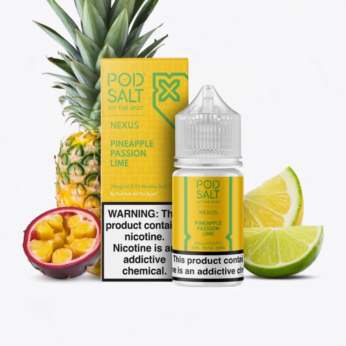 Pod Salt Nexus Pineapple Passion Lime : e-liquide 30ml, saveurs ananas, fruit de la passion, citron vert. Avertissement nicotine visible.