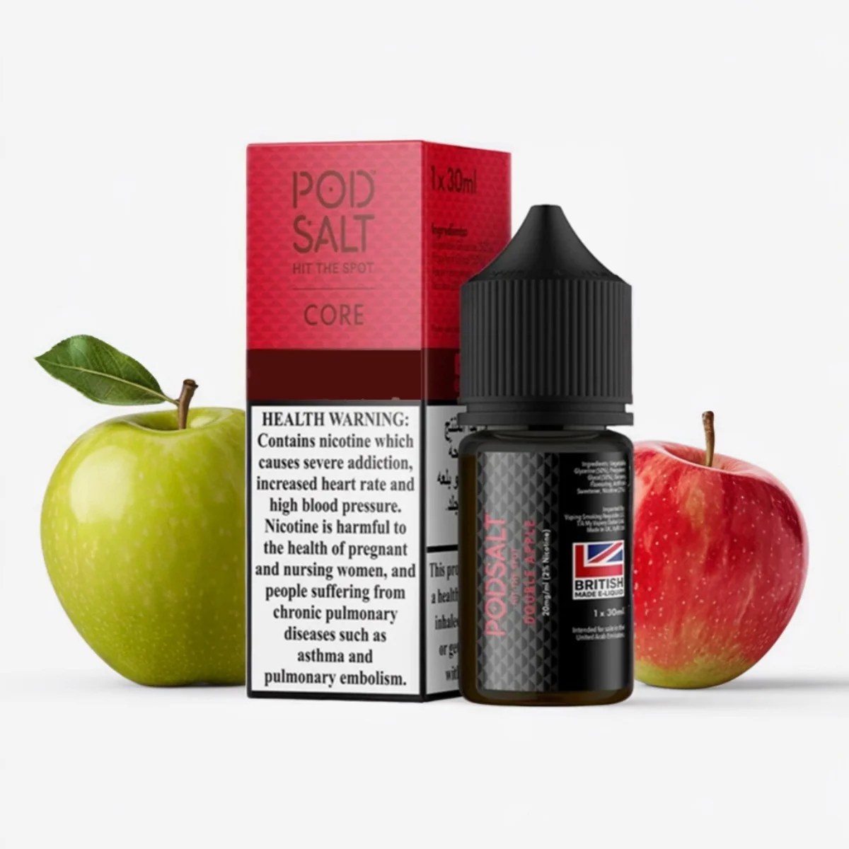 L'image présente une bouteille de 30 ml de liquide pour cigarette électronique de la marque POD SALT, de la gamme CORE. Le packaging est principalement rouge avec des inscriptions précisant qu'il contient de la nicotine, soulignant les risques pour la santé tels que l'addiction et l'augmentation de la pression artérielle. On remarque également deux pommes visuellement mises en évidence à côté de la boîte et de la bouteille, une verte et une rouge, ce qui suggère des arômes de pomme pour ce produit spécifique.
