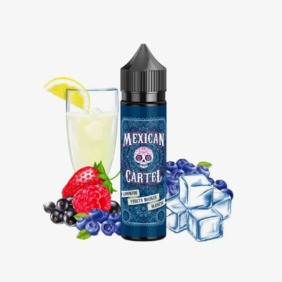 E-liquide Mexican Cartel 50ml: limonade pétillante, fruits rouges, bleuets. Ratio 30/70 VG/PG, sans nicotine, prêt à booster pour vape fruitée.