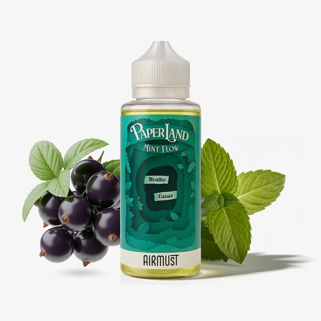 Mint Flow Paperland 100 ml : saveur menthe fraîche et cassis sucré. Base 50/50 PG/VG, sans nicotine, prêt à booster. Parfum glacial unique.