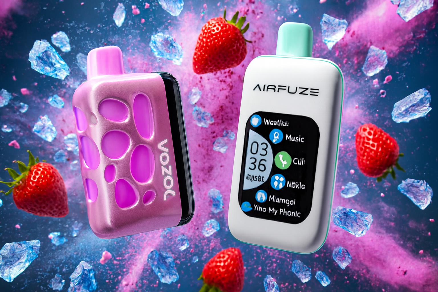 The image features two vibrant vape devices set against a dynamic background of floating strawberries and icy crystals. The left device, in pink with a textured surface, is branded "VOZOL," while the right white device labeled "AIRFUZE" displays a digital screen with colorful icons and the time "03:36." The lively composition, blending fruity freshness with sleek technology, suggests a playful and refreshing vaping experience.
