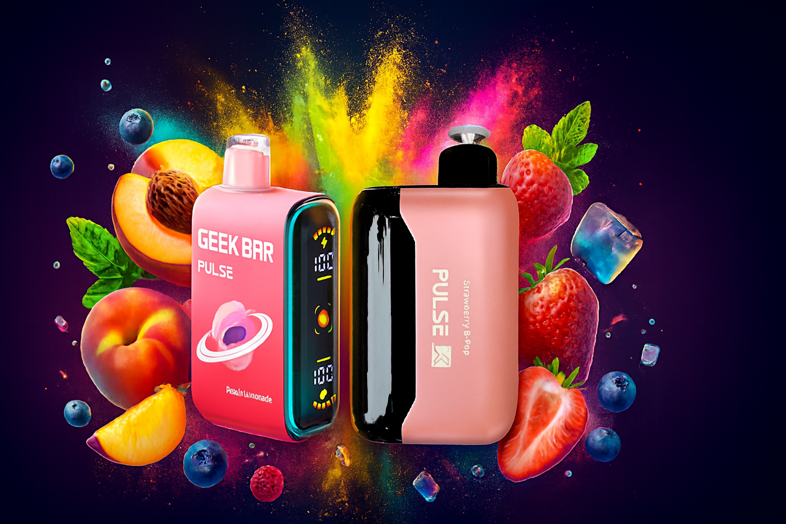 The image showcases two colorful vape devices surrounded by a burst of fruits, mint leaves, and ice cubes against a dark, neon-splashed background. The left device, labeled "GEEK BAR PULSE Peach Lemonade," features dual digital displays showing "100," while the right device, marked "PULSE Strawberry B-Pop," highlights a bold flavor identity. Peaches, strawberries, blueberries, and raspberries emphasize a vibrant, fruity theme with a refreshing twist.