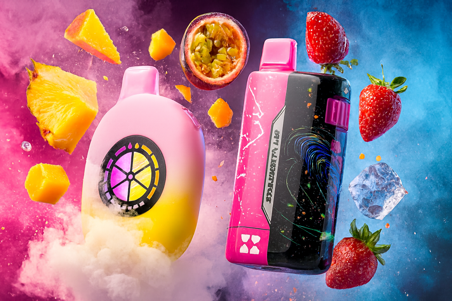 The image showcases two vibrant vape devices surrounded by an explosion of fruits, ice cubes, and swirling smoke. On the left is a pink and yellow device featuring a circular stained-glass-style design, while the right device is sleek and futuristic in pink and black, labeled "333 ULTRA 11G." Floating around them are juicy strawberries, pineapple chunks, mango cubes, peach slices, and a halved passion fruit, all set against a dramatic backdrop of pink and blue smoke. The composition bursts with energy and flavor, emphasizing the bold, fruity appeal of the vape products.