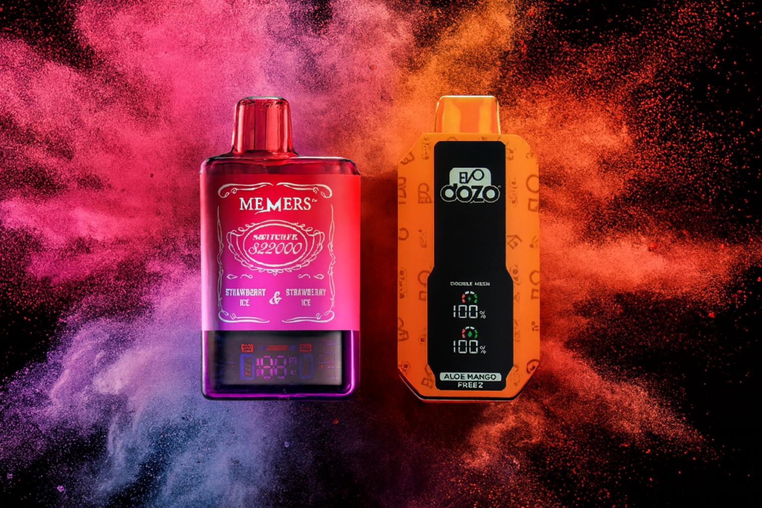 The image displays two bold vape devices set against a vibrant cloud of pink, purple, and orange powder. On the left, the "MEMERS" device features a red and purple design with the flavor "STRAWBART ICE & STRAWBERRY ICE" and a digital screen showing "18888." On the right, the "EVO DOZO" device stands out in orange and black, with a display reading "100%" and the flavor "ALOE MANGO FREEZ" at the bottom. The dynamic background and vivid colors emphasize the fruity, icy sensations these vapes are designed to evoke.