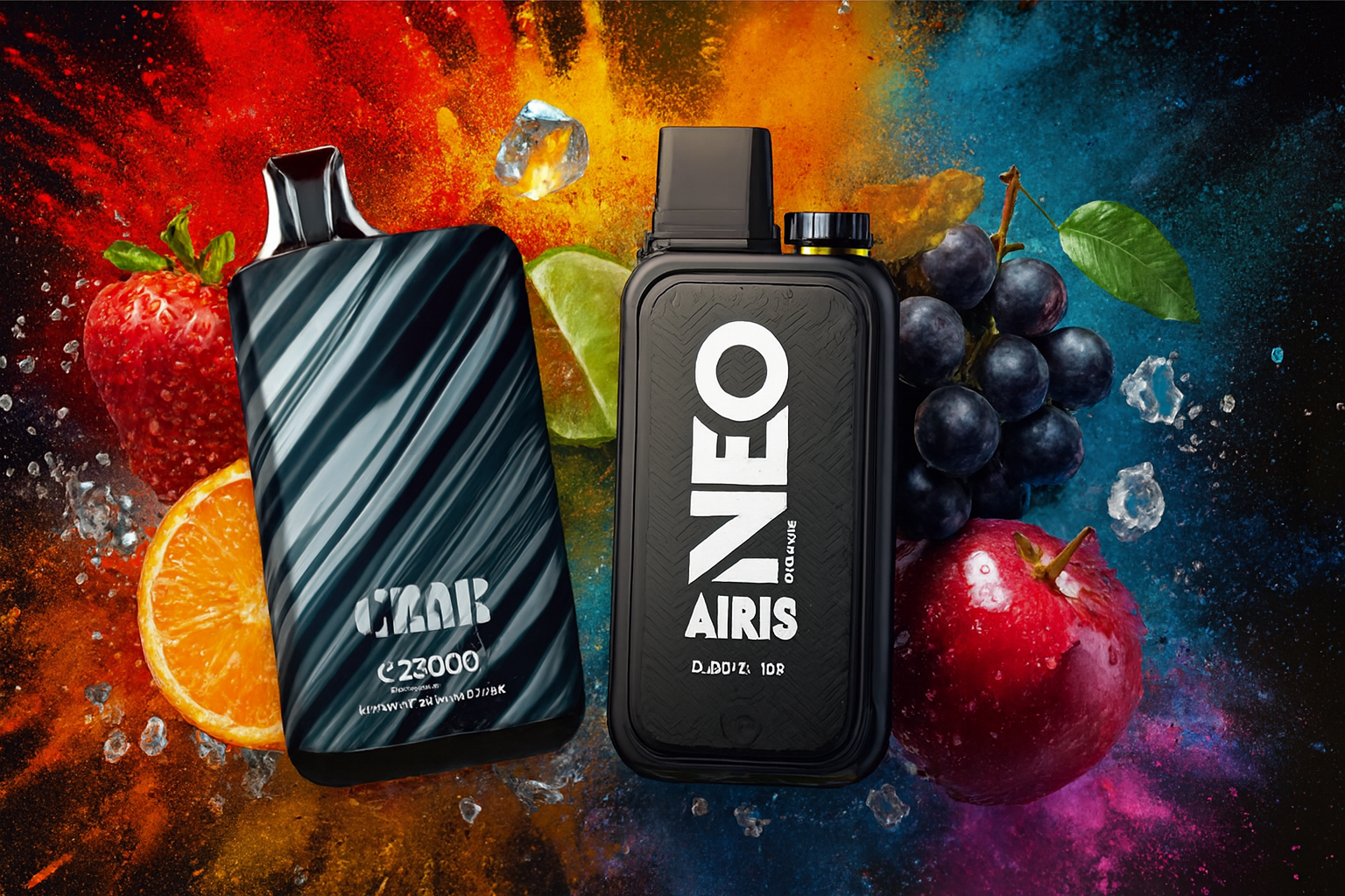 The image features two vibrant vape devices surrounded by colorful splashes and a mix of fruits including strawberries, orange slices, lime, grapes, and a red apple, along with ice cubes. The left device, labeled “XBAR 23000,” has a sleek striped design, while the right one, branded “NEO AIRIS,” displays the text “D.DOT: 10R.” The dynamic background of orange, blue, and pink powder bursts enhances the fruity and refreshing theme, highlighting the bold flavors and modern style of the products.