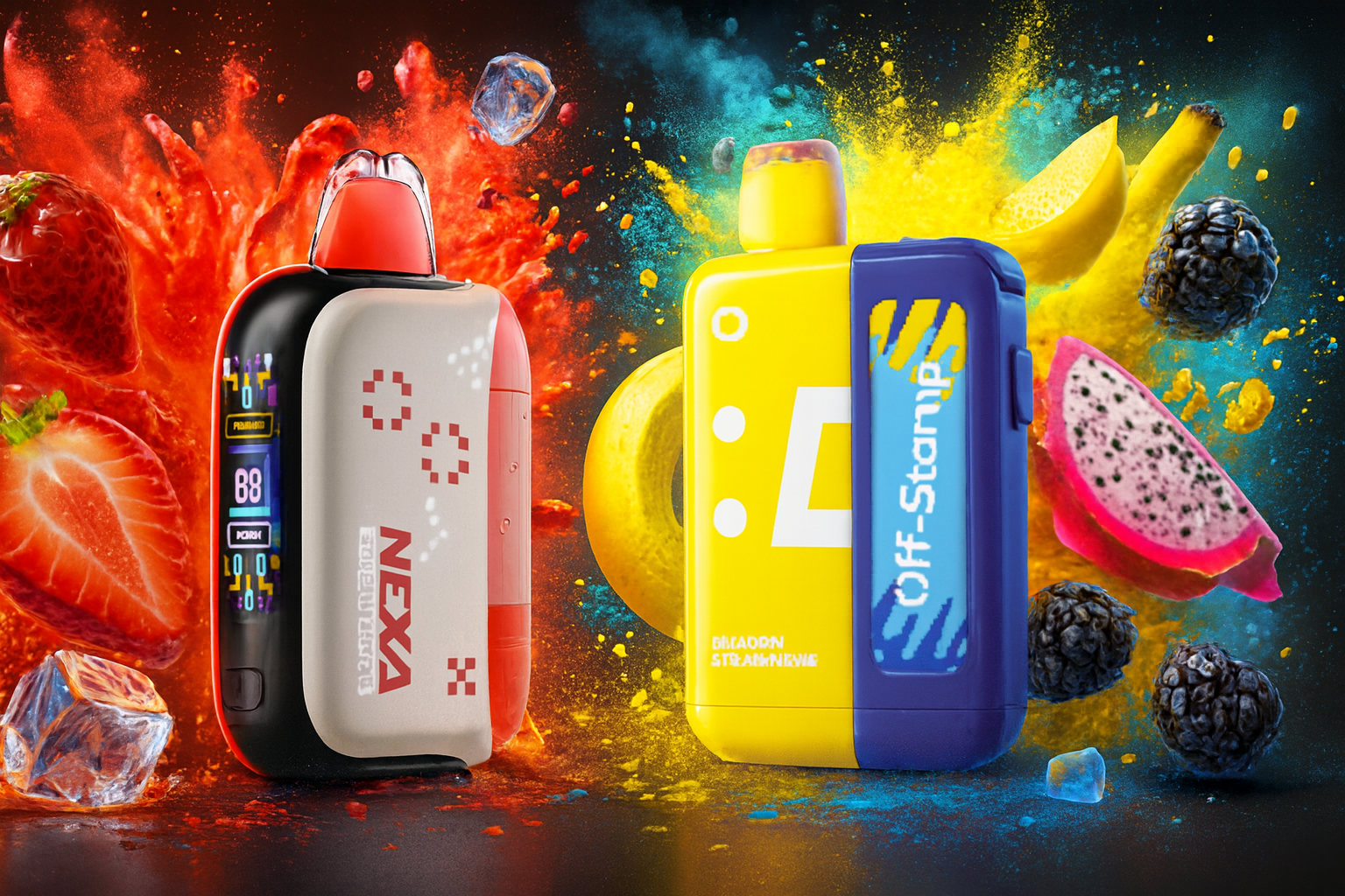 The image displays two eye-catching vape devices set against a vibrant, fruit-filled backdrop. On the left, the sleek red-orange “NEXA” device features a digital display showing “88 PUFFS” and is surrounded by strawberries, ice cubes, and fiery splashes. On the right, the yellow and blue “DRAGBAR STRAWNANA” device labeled “Off-Stamp” is nestled among bananas, dragon fruit, and blackberries, with cool blue and yellow bursts. The composition radiates energy and flavor, emphasizing a bold, fruity vaping experience.