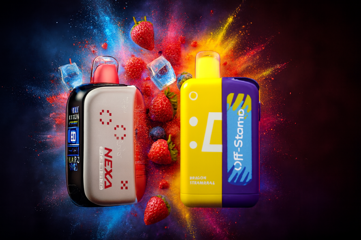 The photo shows two colorful vape devices set against a lively backdrop of exploding powders, fruits, and ice cubes. On the left, the sleek NEXA device with a red mouthpiece and bold text accents stands out, while on the right, the bright yellow-and-purple Off-Stamp model labeled “DRAGON STEAMBRASA” adds a playful contrast. Surrounding strawberries, blueberries, and icy splashes emphasize fruity freshness and cool sensations, creating a dynamic and eye-catching composition that highlights the vibrant appeal of the products.