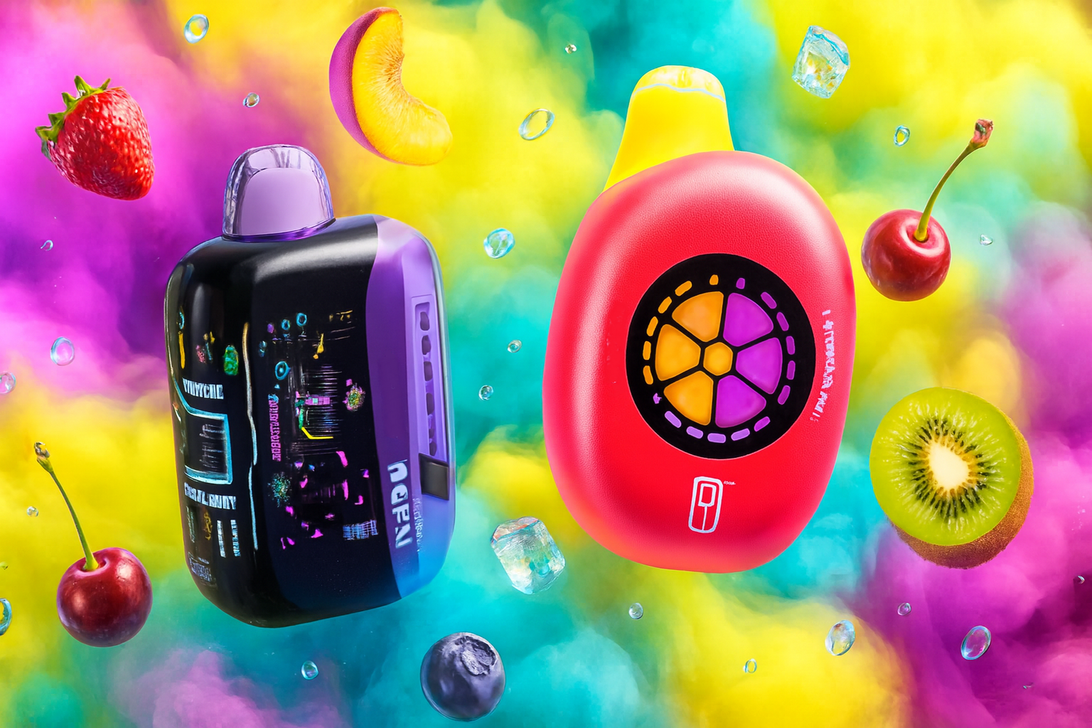 The image presents two eye-catching vape devices against a swirling, multicolored backdrop of yellow, pink, teal, and purple clouds. The left device, labeled "CHILL GRAPE" and "GRAPE ICE," features a sleek black and purple design with neon-style graphics, while the right one, marked "SPECTACULAR FRUIT," displays a bold red and yellow body with a fruit-slice motif. Surrounding them are vibrant fruits like strawberry, cherry, peach, kiwi, blueberry, and ice cubes, creating a fresh, flavorful, and energetic visual atmosphere.