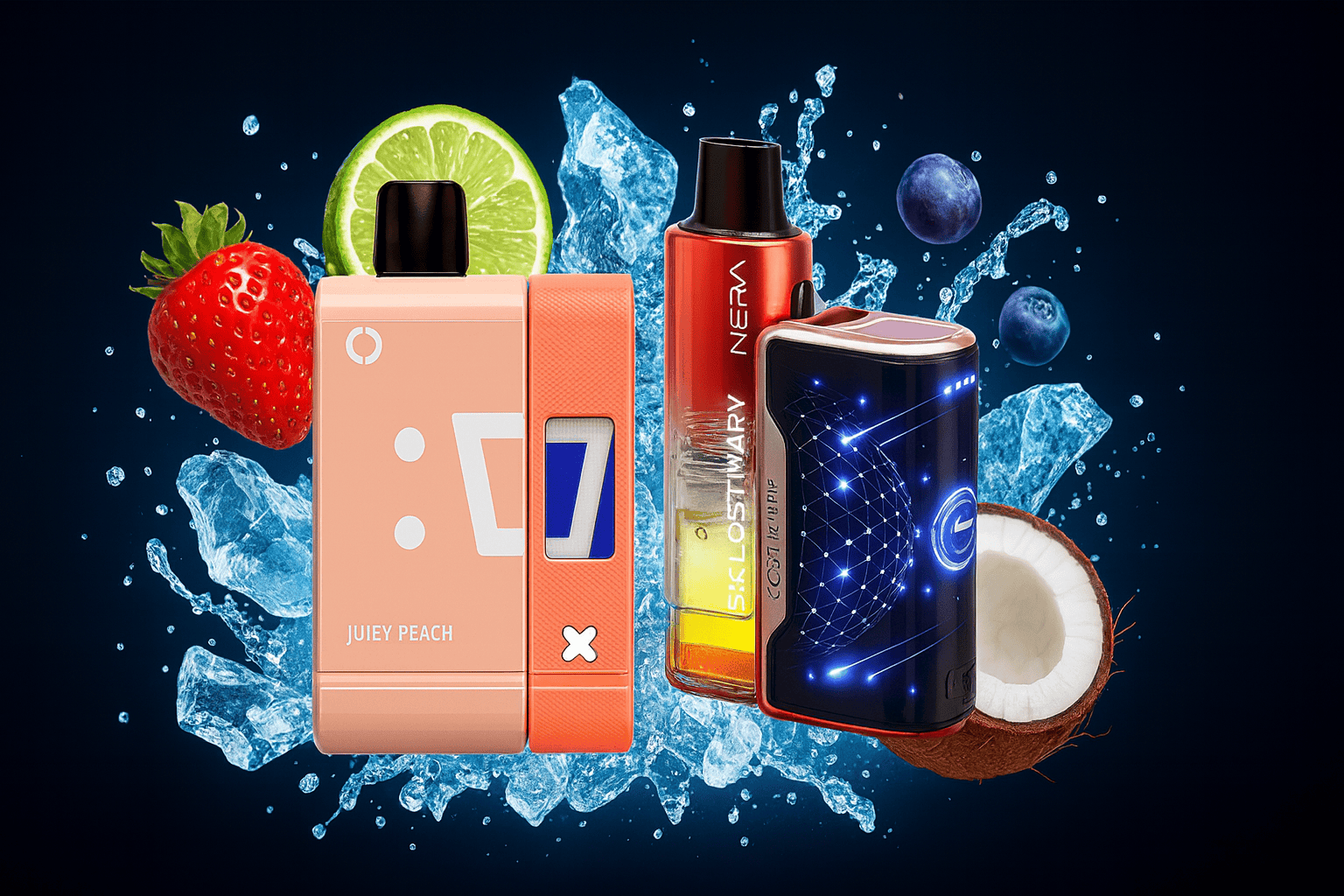 The image presents a vibrant collection of colorful vape devices surrounded by splashes of water, ice cubes, and a mix of fruits including strawberries, lime, blueberries, and coconut. Among the devices, one is labeled “JUEY PEACH” and another features the branding “NERA” and “LOST MARY.” The dynamic composition emphasizes fruity flavors and a refreshing vibe, making it visually appealing for flavored vape product promotion.