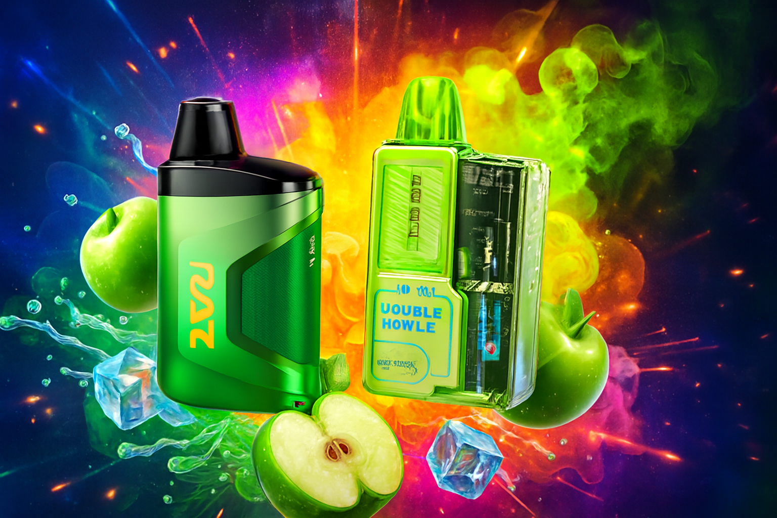 The photo features two brightly colored vape devices set against a dramatic backdrop of multicolored smoke and light effects. On the left, a bold green RAZ device with black accents and orange branding stands out, while on the right, a transparent green model labeled “DOUBLE HOWLE” reveals its inner components. Surrounding them are fresh green apples, slices, ice cubes, and splashes of liquid, all emphasizing a crisp, fruity, and refreshing flavor theme. The vivid colors and explosive background create a striking, energetic composition designed to capture attention.