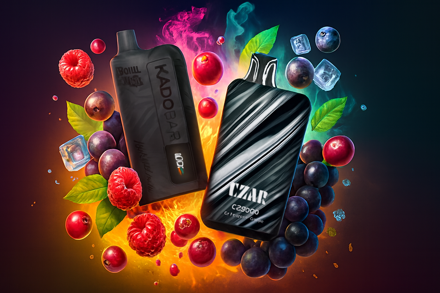The image features two colorful vape devices surrounded by vibrant fruit slices and ice cubes, set against a dynamic burst of orange, pink, green, and blue hues. The left device, labeled "KADOBAR," includes the phrases "10000" and "Inhale Real Taste," while the right device, marked "EZBAR C29000," carries the tagline "Get Extreme Clouds." Raspberries, grapes, blueberries, cherries, and green leaves emphasize a bold, fruity flavor experience with a refreshing twist.