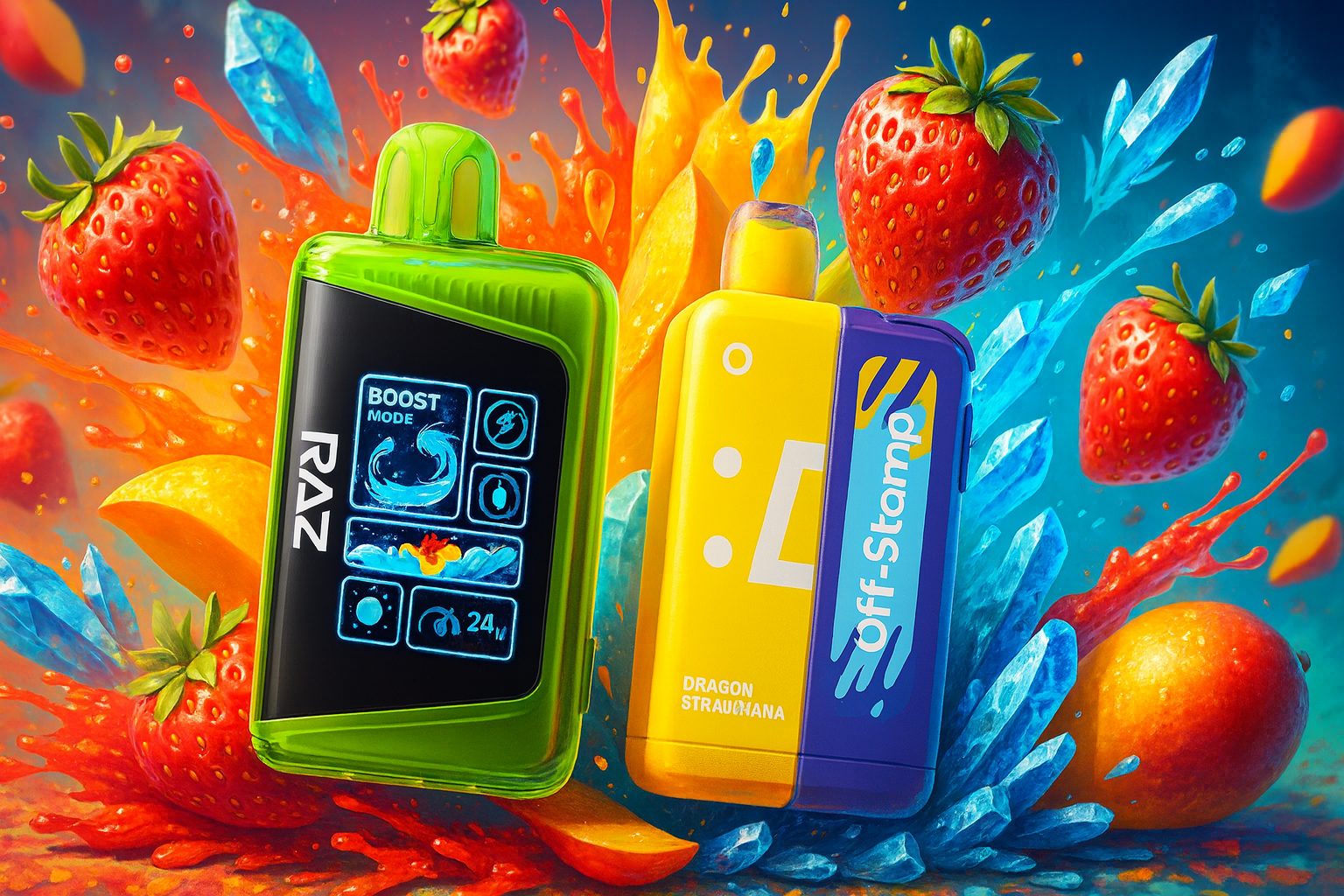The image features two vibrant vape devices surrounded by floating fruits and icy elements against a smoky blue backdrop. The left device, labeled "RAZ" with "BOOST MODE" and "24M" on its digital display, has a bold green-and-black design. The right device combines yellow and purple tones with the branding "Off-Stamp" and the flavor "DRAGON STRAUMANA." Strawberries, mango slices, and blue crystal shards enhance the dynamic, fruity atmosphere, evoking a refreshing and energetic vibe.