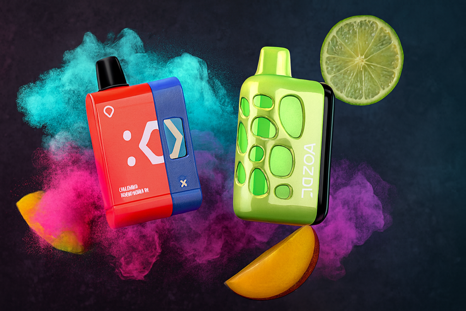 The image displays two colorful vape devices set against a dark background with vibrant smoke and fruit slices. The left device, in red and blue with geometric patterns and a small screen, features abstract text, while the right green device has a bubble-like texture and the brand name "VOZOL" printed vertically. A slice of lime and mango add a fruity, refreshing touch, enhancing the bold and modern visual appeal.