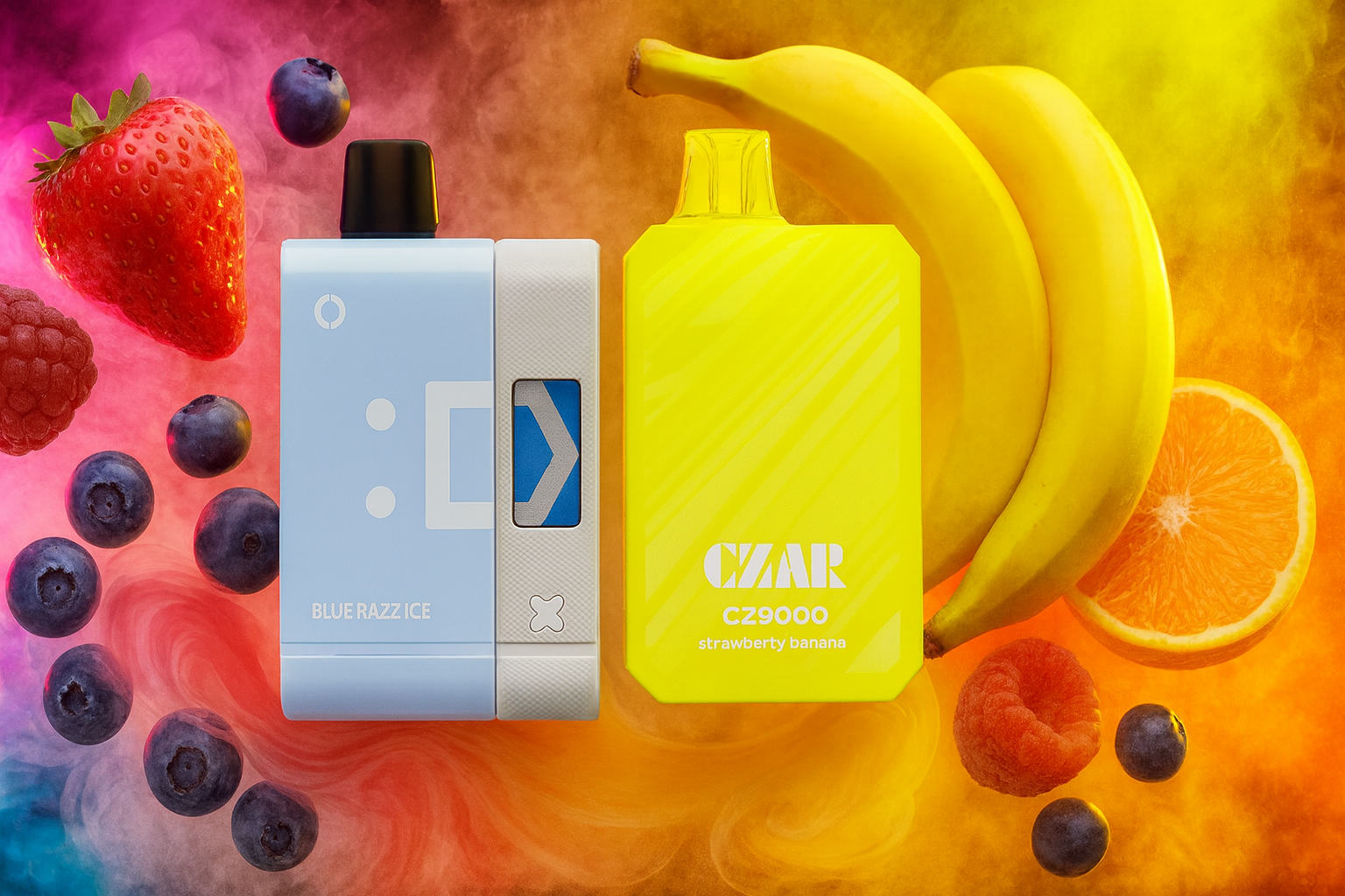 The image features two colorful vape devices set against a vibrant backdrop of swirling smoke and fresh fruits. The left device, labeled "BLUE RAZZ ICE," has a light blue and white design with playful graphics, including a smiley face and arrow. The right device is bright yellow and marked "CZAR CZ9000 strawberry banana," suggesting a tropical flavor blend. Surrounding them are strawberries, blueberries, raspberries, bananas, and an orange slice, reinforcing the fruity and refreshing theme.