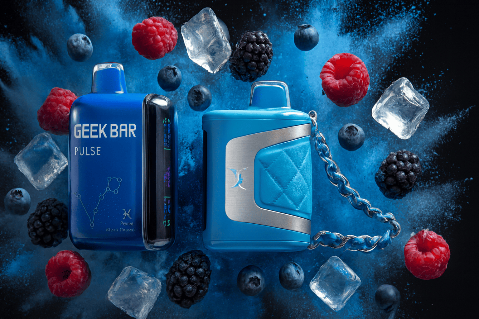 The image features two sleek blue vape devices labeled "GEEK BAR PULSE" set against a dramatic backdrop of swirling blue powder, ice cubes, and a mix of berries—raspberries, blueberries, and blackberries. One device has a digital display, while the other showcases a quilted texture with a metallic accent and chain. The composition evokes a cool, fruity sensation with a bold, high-tech aesthetic, highlighting flavors like "Regina" and "Black Cherry."