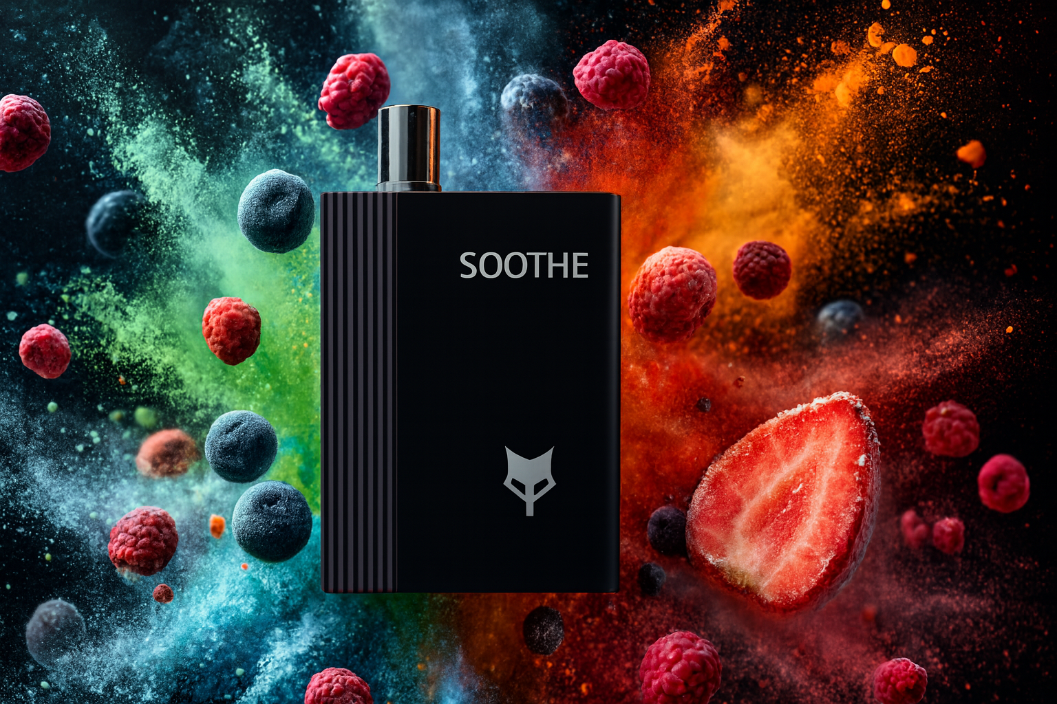The image presents a sleek black vape device labeled "SOOTHE" with a minimalist fox logo, set against a dynamic burst of colorful powders and frozen fruits. Raspberries, blueberries, and a halved strawberry are scattered around, while the background transitions from cool green-blue tones to warm red-orange hues. The composition evokes a sense of balance between freshness and intensity, highlighting a refined, fruit-inspired vaping experience.