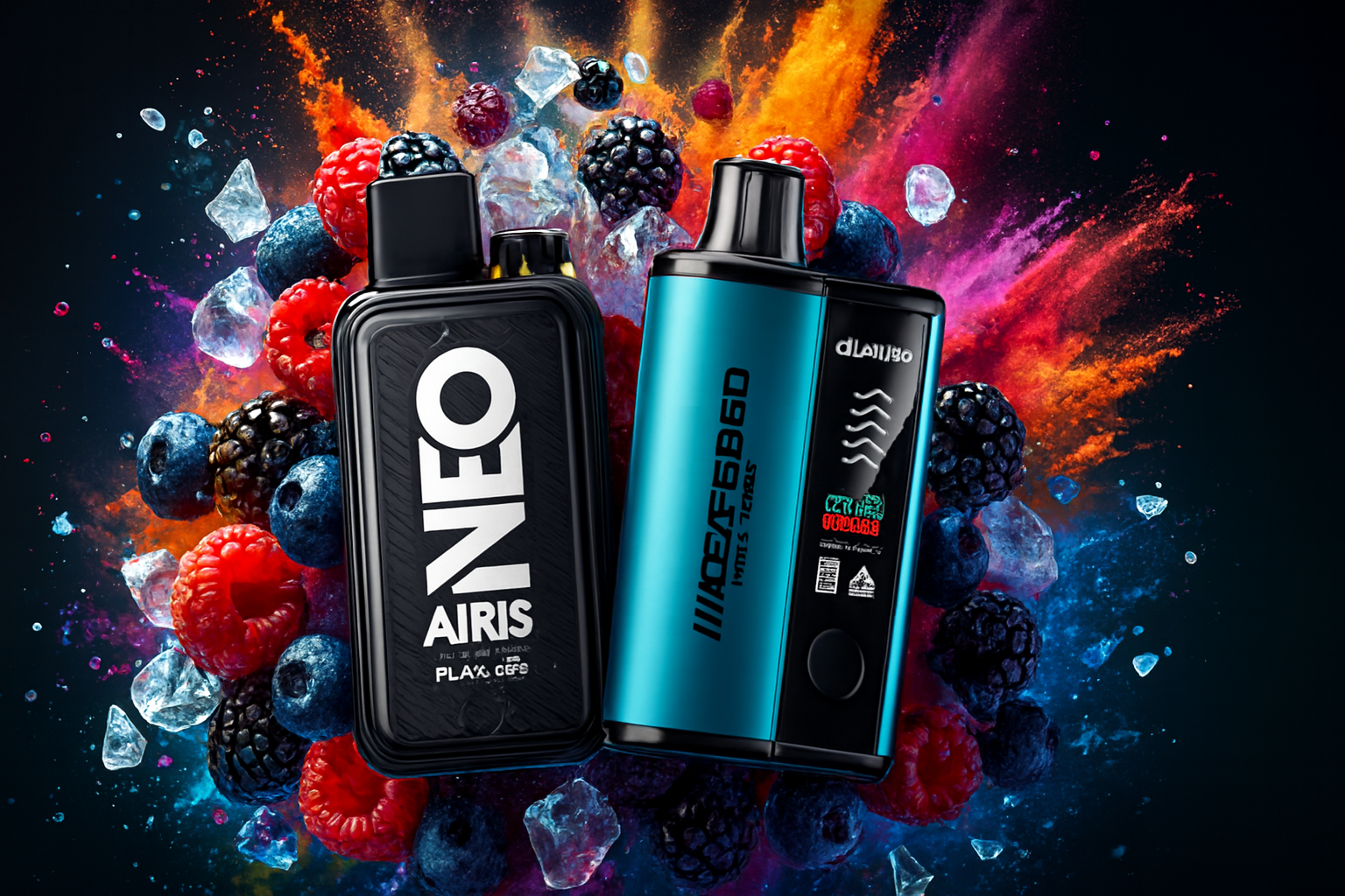 The image features two sleek vape devices set against a vibrant backdrop of mixed berries, ice cubes, and colorful powder bursts in orange, purple, and blue. On the left, the "NEO AIRIS" device with the label "PLAX C6F8" stands out in a soft gradient finish. On the right, a metallic blue and black vape marked "dLAVIGO" and "VAPES X TANKS" displays a digital screen labeled "VAPING STATUS." The dynamic composition and rich color palette evoke a sense of cool intensity and fruity freshness.