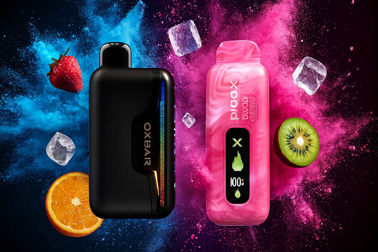 The image displays two vibrant vape devices set against a dynamic background of splashing fruit and ice. The left device is black with a rainbow-colored strip and the brand name "OXBAR" in orange, while the right device is pink and labeled "plobx JUUCODEE PINK LEMONADE," featuring a digital display with icons like a flame, droplet, and "100%." Surrounding them are strawberries, blueberries, and ice shards, creating a bold, fruity atmosphere that suggests a refreshing and flavorful vaping experience.